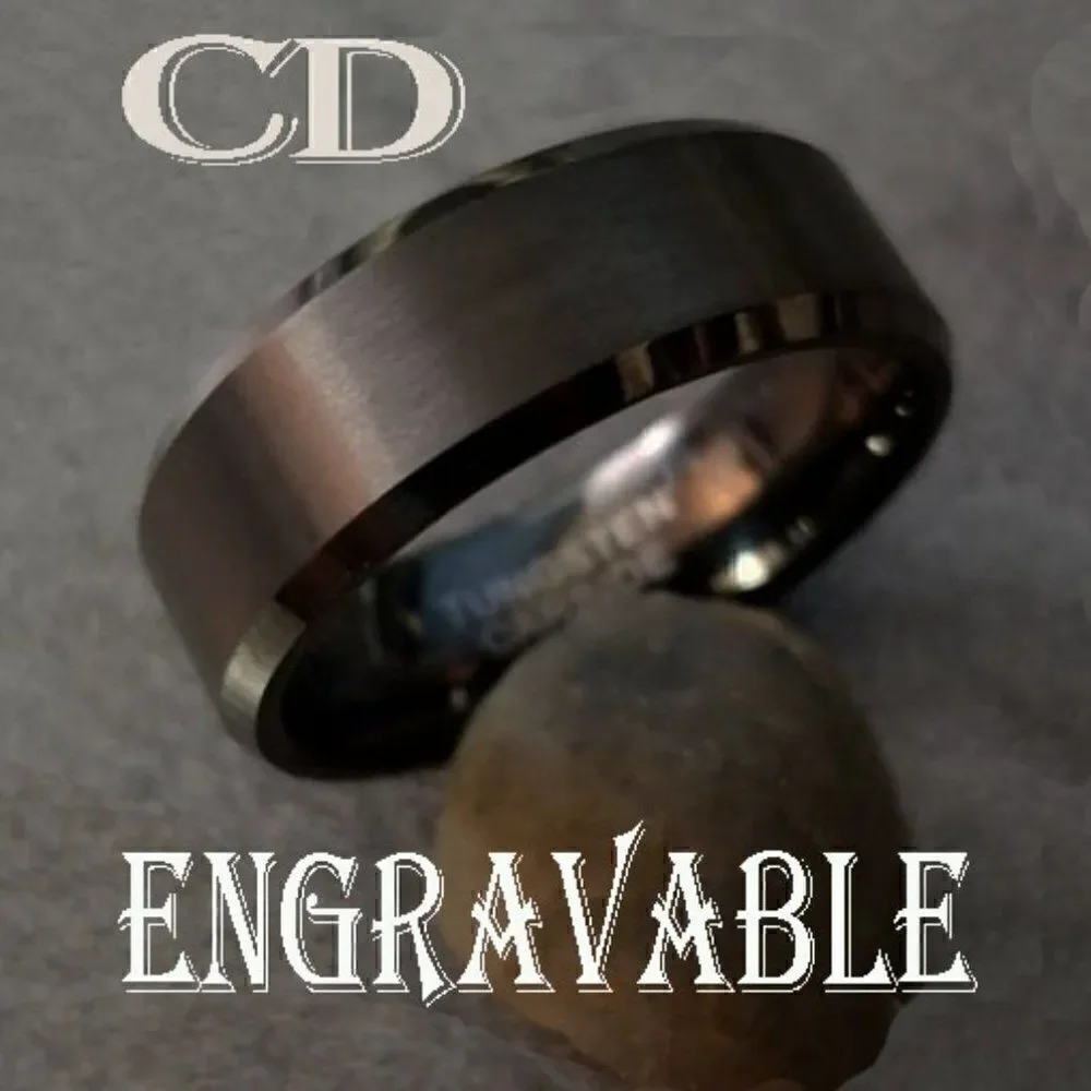Engraved Men's Real Matte Black Tungsten Wedding Ring  Durable Black Powder Coat